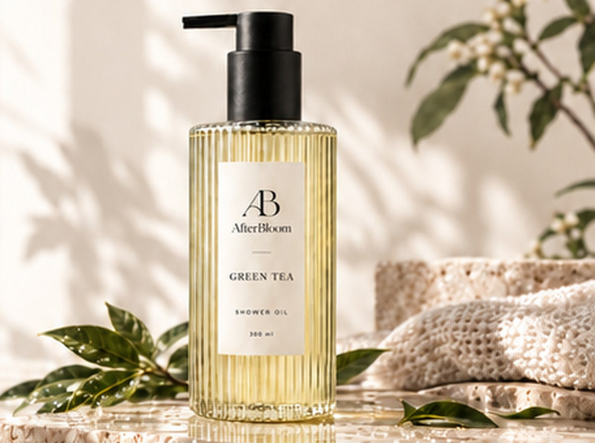 AfterBloom shower oil on a stone ledge with tea leaves